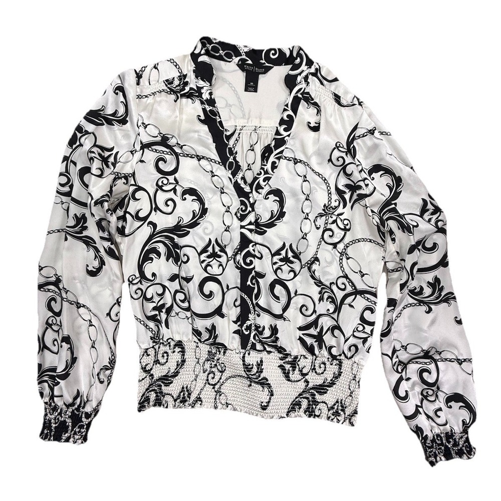 White House Black Market Top‎ Women's 10 Silk Blouse Baroque Scarf Print Smocked